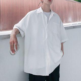 Pocket-front Plain Elbow-sleeve Shirt