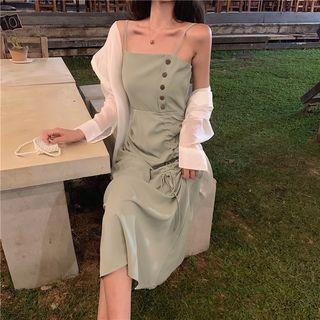 Plain Shirt / Spaghetti-strap Drawstring Midi Dress