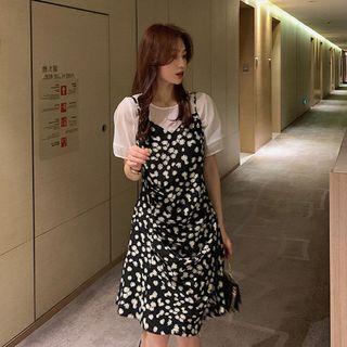 Set: Short-sleeve Plain Blouse + Flower Print Overall Dress