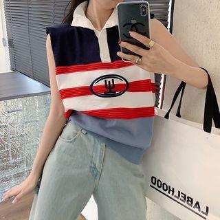 Sleeveless Shoulder Padded Embroidered Polo Knit Top