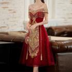 Cold-shoulder Tasseled A-line Qipao Wedding Dress