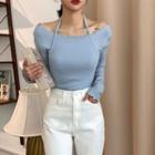 Set: Tie Halter-neck Lettuce-edge Camisole + Off-shoulder Top