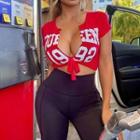 Short-sleeve Plunge-neck Lettering Crop Top
