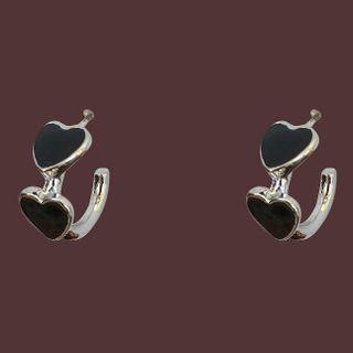 Heart Alloy Open Hoop Earring 1 Pair - Black & Silver - One Size