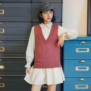 Long-sleeve Shirt Dress / V-neck Vest / Set