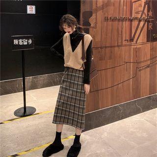 Mock-turtleneck Long-sleeve T Shirt / V-neck Knit Vest / Plaid Midi A-line Skirt