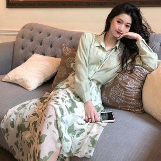 Long-sleeve Shirt / Midi Leaf Print A-line Skirt