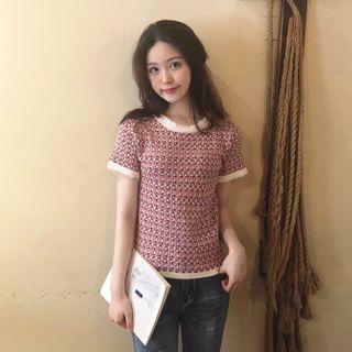 Short-sleeve Tweed Knit Top As Shown In Figure - One Size