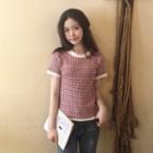 Short-sleeve Tweed Knit Top As Shown In Figure - One Size