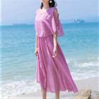 Mock Two-piece Frill Short-sleeve Off-shoulder Plain Long Dress