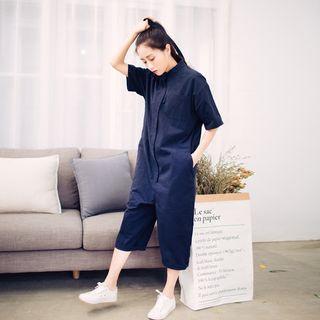 Plain Short-sleeve Capri Jumpsuit