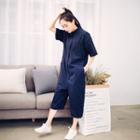 Plain Short-sleeve Capri Jumpsuit