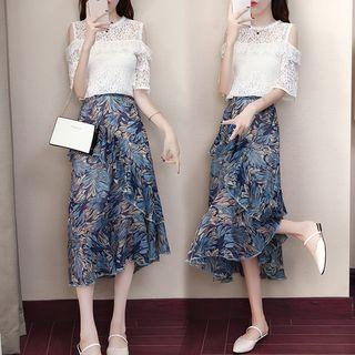 Set: Shoulder Cut Out Elbow-sleeve Top + Patterned Midi Skirt