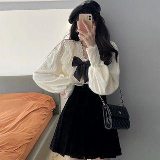 Long-sleeve V-neck Lace Trim Bow-accent Shirt / Pleated Mini A-line Skirt