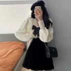 Long-sleeve V-neck Lace Trim Bow-accent Shirt / Pleated Mini A-line Skirt