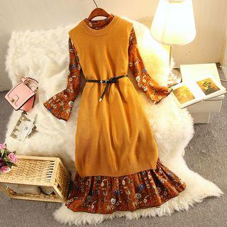 Set: Crew-neck Long Knit Vest + Printed Long-sleeve Midi Dress