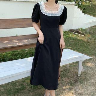 Short-sleeve Square Neck Midi A-line Dress Black - One Size