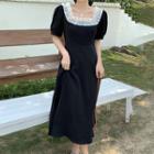 Short-sleeve Square Neck Midi A-line Dress Black - One Size