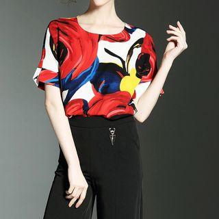 Set: Short-sleeve Printed Blouse + Cropped Wide Leg Pants