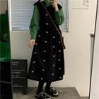 Long-sleeve Shirt / Embroidered Midi A-line Pinafore Dress