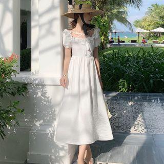 Ruffled Puff-sleeve Maxi A-line Dress