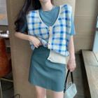 Set: Short-sleeve T-shirt + Plaid Knit Vest + Mini A-line Skirt