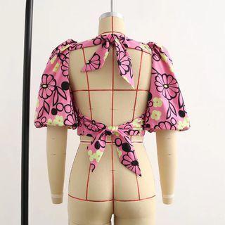 Short-sleeve V-neck Flower Print Cropped Blouse