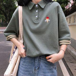 Elbow-sleeve Ice-cream Embroidered Collared T-shirt
