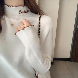 Mock-neck Lettuce Edge Letter Embroidered Knit Top