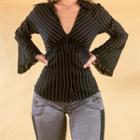 Striped Print V-neck Long-sleeve T-shirt