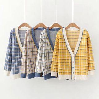 Plaid V-neck Cardigan / Cat Embroidered Shirt