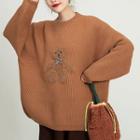 Bear Embroidered Sweater Coffee - One Size
