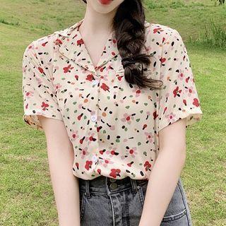 Floral Print Notch Lapel Elbow-sleeve Blouse