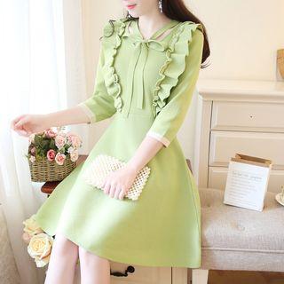 3/4-sleeve Ruffled A-line Knit Dress