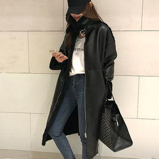 Funnel-neck Faux-shearling Zip Coat