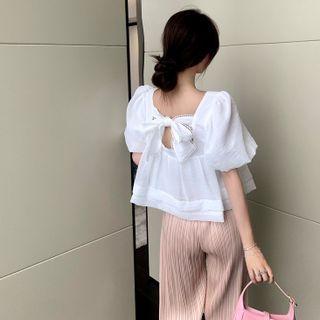 Square-neck Puff Sleeve Bow-accent Open-back Top