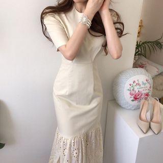 Puff-sleeve Eyelet Hem Midi Sheath Dress