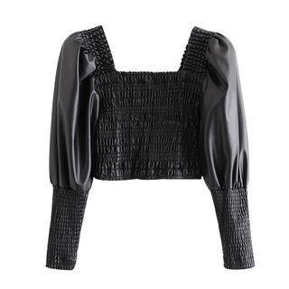 Faux Leather Smocked Blouse
