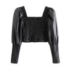 Faux Leather Smocked Blouse