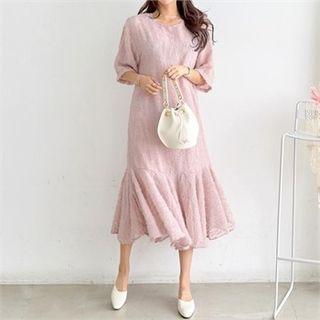 Elbow-sleeve Furry Long Dress