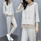 Set: 3/4-sleeve Mock Two-piece Hoodie + Crop Harem Pants