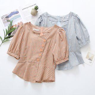 Short-sleeve Plaid Peplum Top