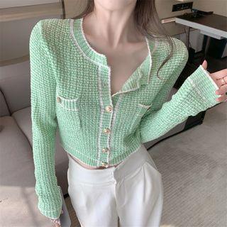 Two Tone Cropped Cardigan Light Green - One Size