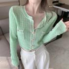 Two Tone Cropped Cardigan Light Green - One Size