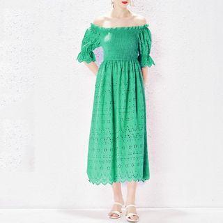 Bell-sleeve Off-shoulder Eyelet Midi A-line Dress
