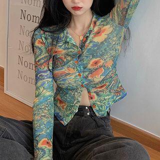 Printed Mesh Button Cropped Top