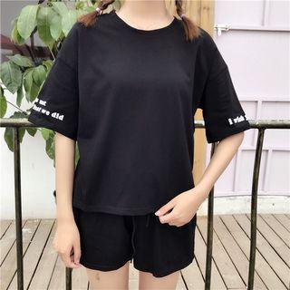 Set: Short-sleeve Lettering T-shirt + Drawstring Waist Shorts