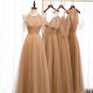 Short-sleeve Embellished Mesh A-line Gown