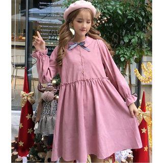 Corduroy Tie-neck A-line Shirt Dress