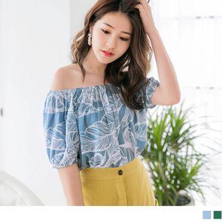 Leave Print Off-shoulder Smock Top